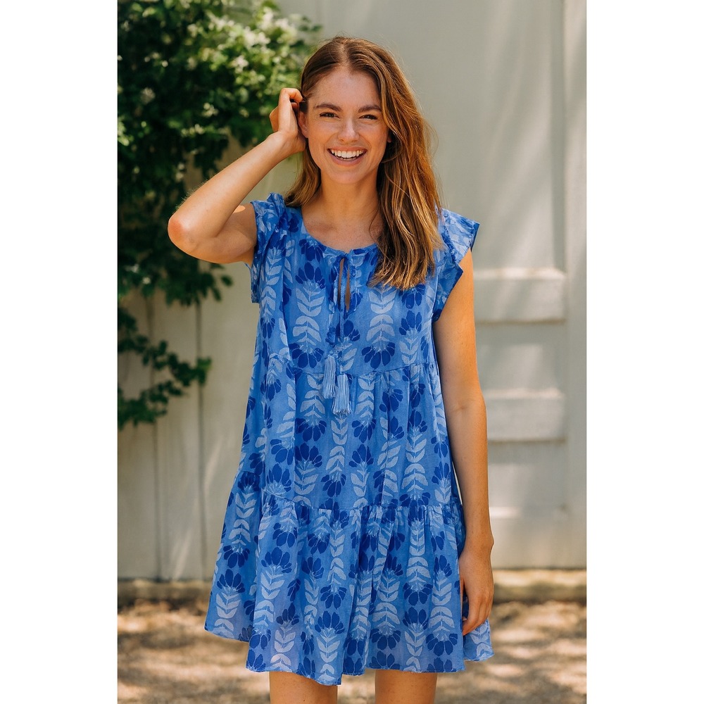 J.Marie Short Flutter Sleeve Tiered Dress Blue Floral Print Small